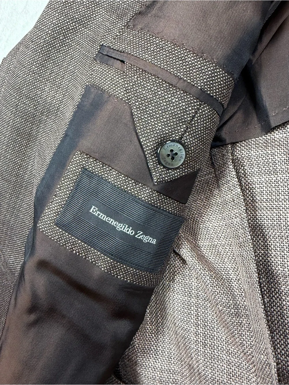 Ermenegildo Zegna Milano Easy 54EU 44R Wool Silk Linen Brown Plaid Sport Coat